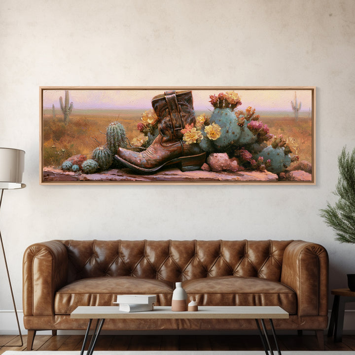 Western Boot with Cactus Blossoms Canvas Print, Southwestern Art, Landscape Art, Southwestern Decor, Mesa, Statement Artwork, SOU-3x1-33