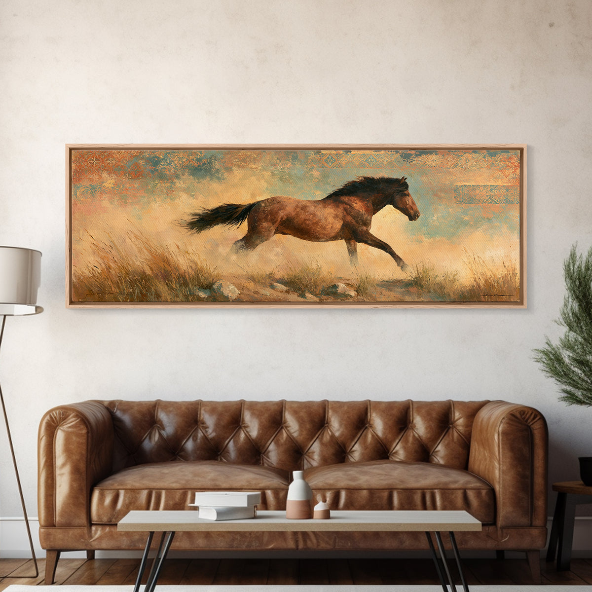 Wild Mustang Running Through Dusty Canyon Canvas Print, Southwestern Art, Landscape Painting, Southwestern Decor, SOU-3x1-46