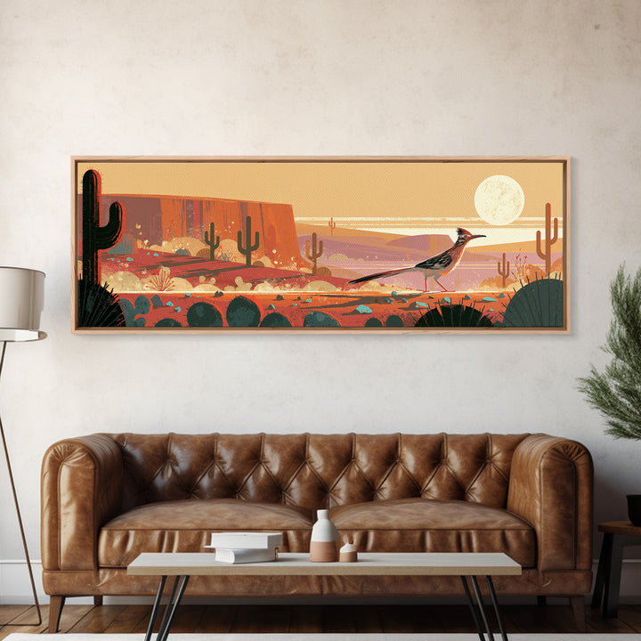 Roadrunner under a Pale Desert Moon Canvas Print, Southwestern Art, Textured Painting, Southwestern Decor, Watercolor Art, Mesa, SOU-3x1-48