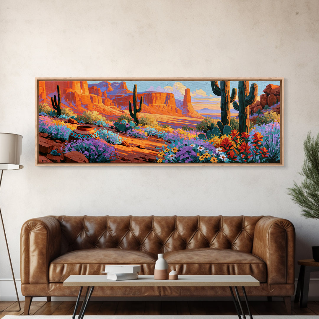 Painted Pottery and Desert Wildflowers Framed Canvas Print, Southwestern Art, Minimalist Decor, Southwestern Decor, SOU-3x1-56
