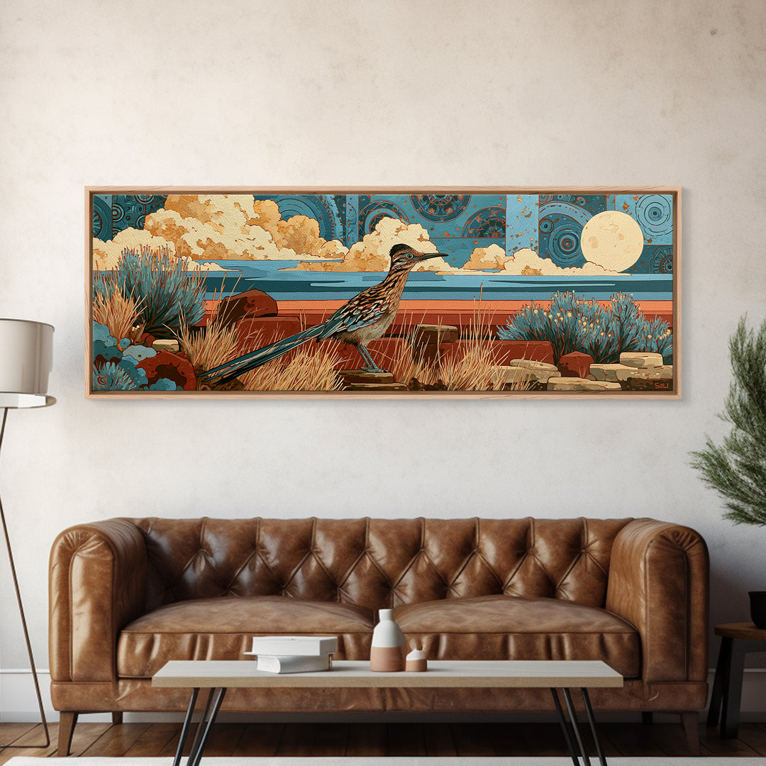 Roadrunner under a Pale Desert Moon Framed Canvas Print, Southwestern Art, Art, Southwestern Decor, Mesa, Boho Wall Decor, SOU-3x1-72