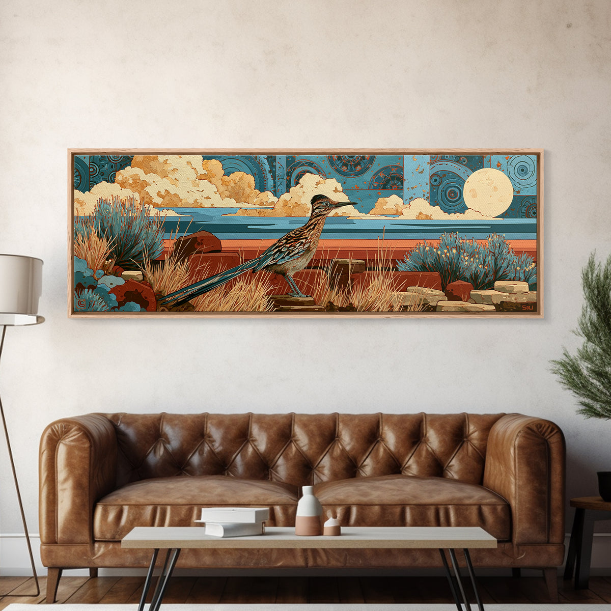 Roadrunner under a Pale Desert Moon Framed Canvas Print, Southwestern Art, Art, Southwestern Decor, Mesa, Boho Wall Decor, SOU-3x1-72