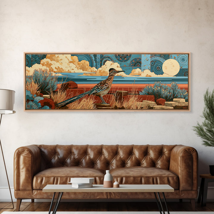 Roadrunner under a Pale Desert Moon Framed Canvas Print, Southwestern Art, Art, Southwestern Decor, Mesa, Boho Wall Decor, SOU-3x1-72