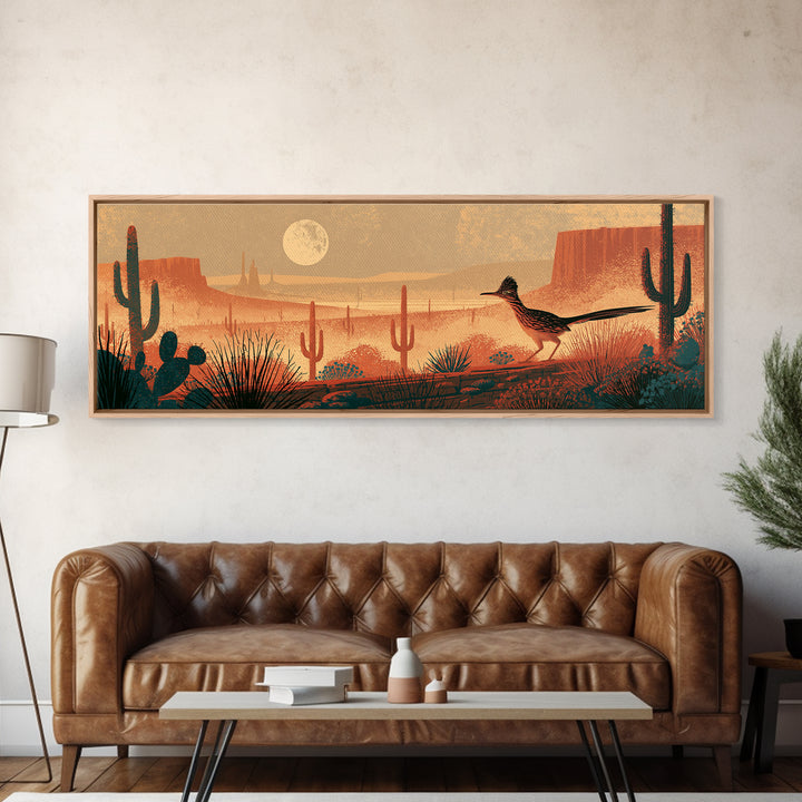 Roadrunner under a Pale Desert Moon Canvas Print, Southwestern Art, Textured Painting, Southwestern Decor, Watercolor Art, Mesa, SOU-3x1-96