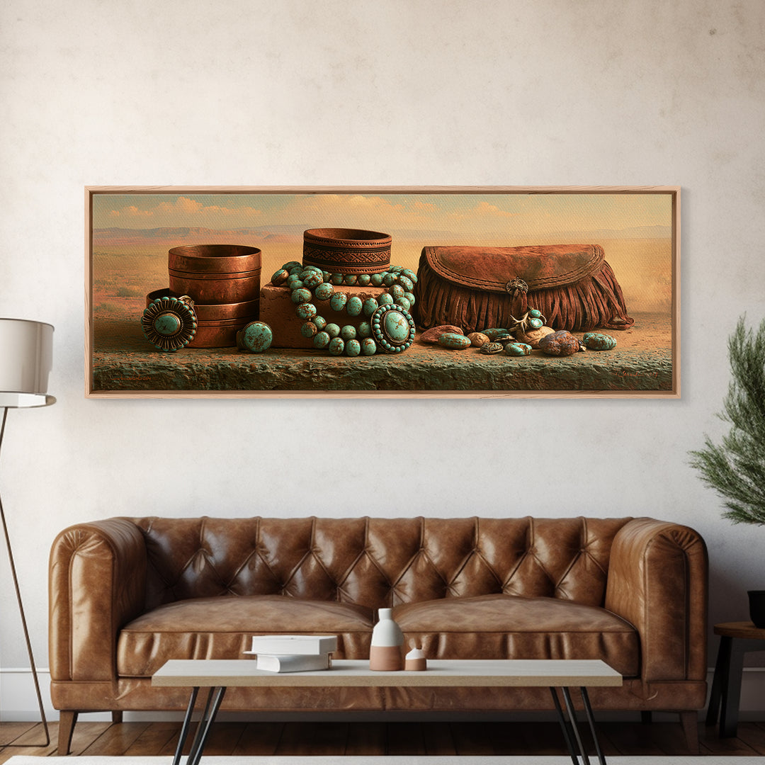 Turquoise Jewelry and Leather Still Life Framed Canvas Print, Southwestern Art, Digital Wall Art, Southwestern Decor, Mesa, SOU-3x1-99