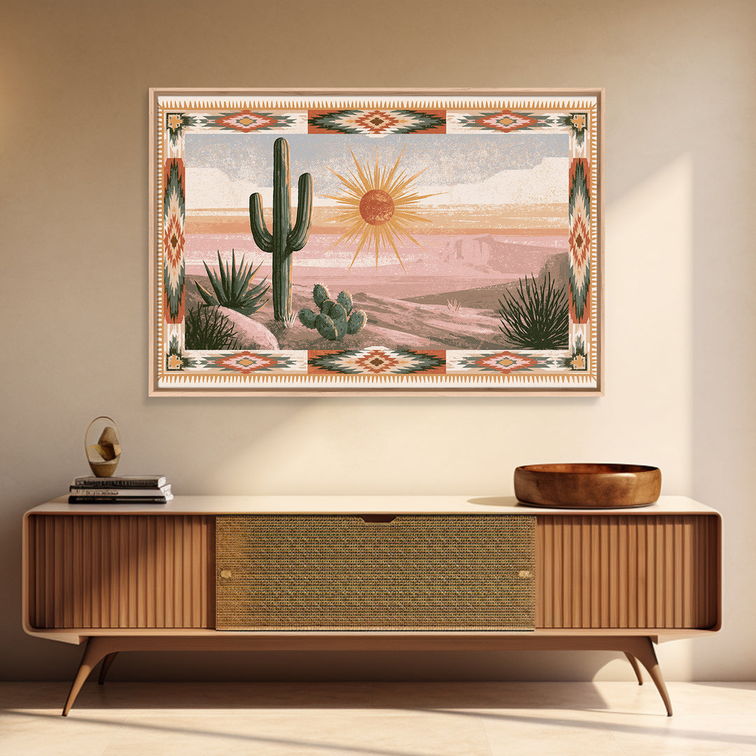 Sun Symbol with Geometric Southwest Border Canvas Print, Southwestern Art, Landscape Painting, Southwestern Decor, Abstract Art, SOU-3x2-1