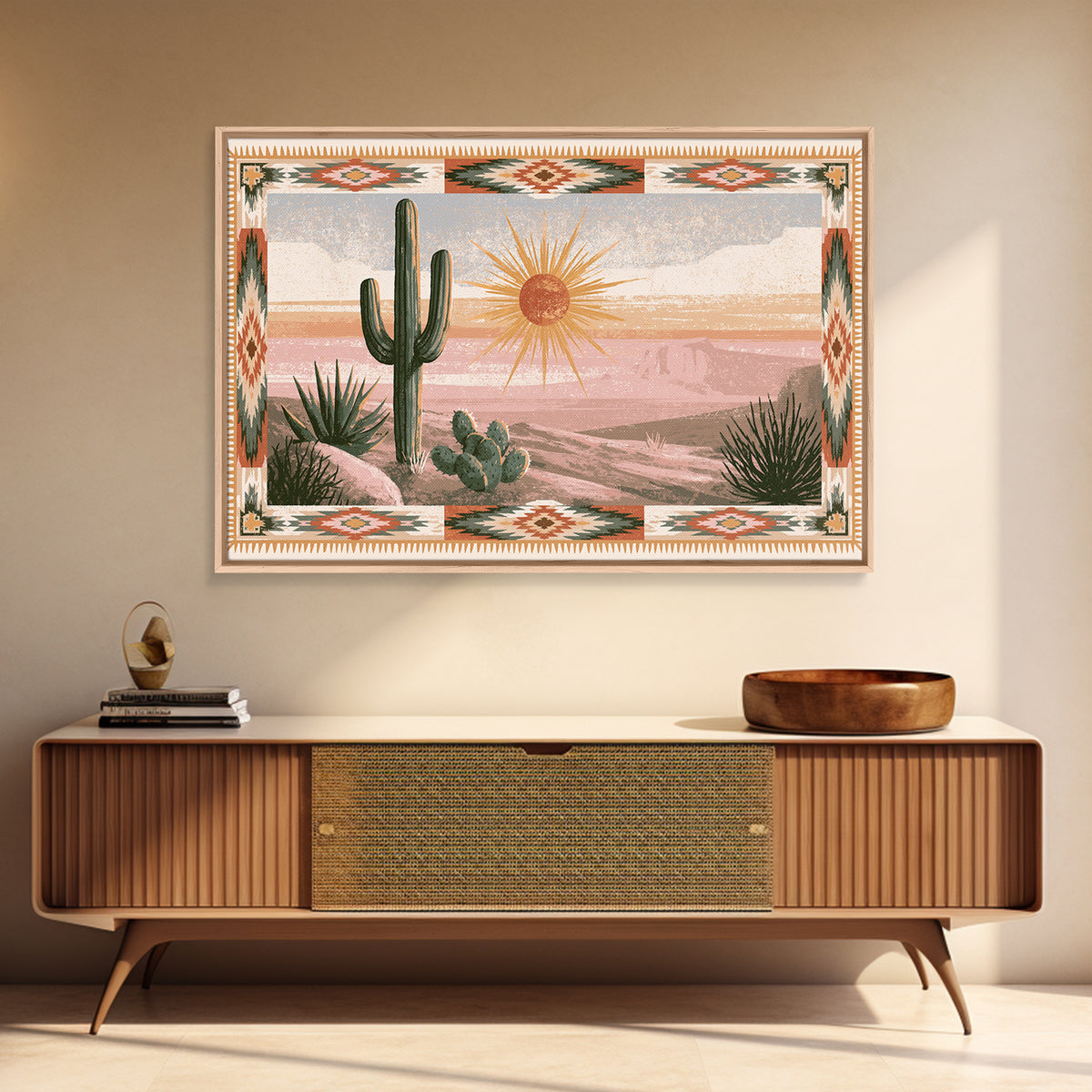 Sun Symbol with Geometric Southwest Border Canvas Print, Southwestern Art, Landscape Painting, Southwestern Decor, Abstract Art, SOU-3x2-1