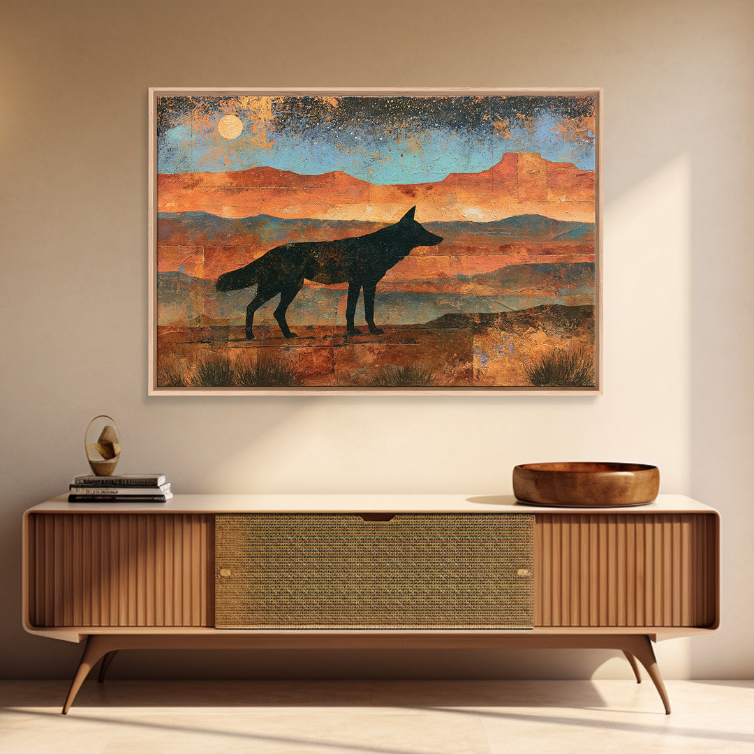 Coyote Silhouette Beneath Starry Sky Framed Canvas Print, Southwestern Art, Statement Artwork, Southwestern Decor, Mesa, SOU-3x2-19