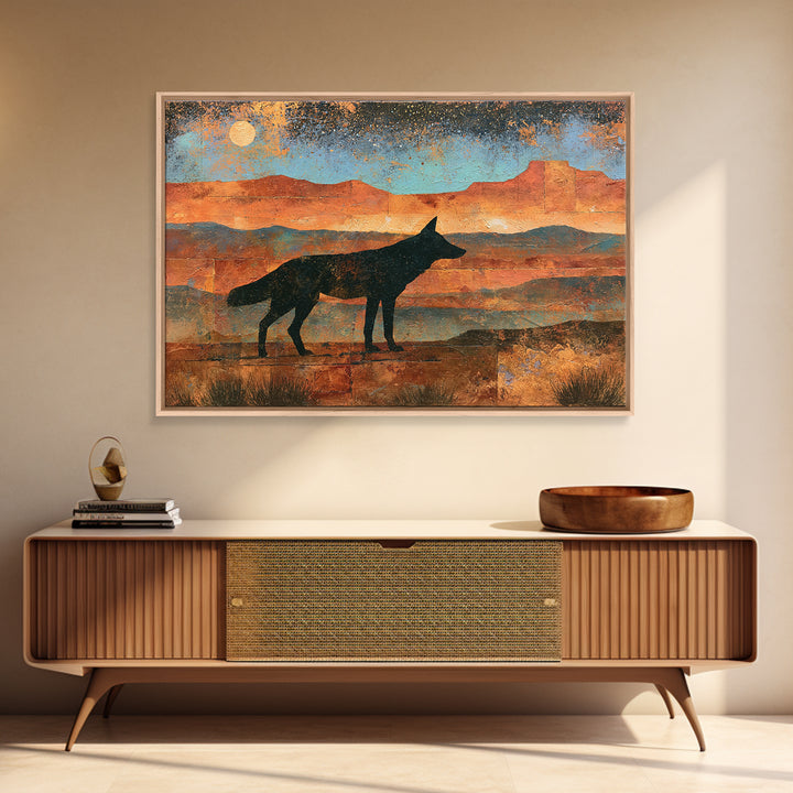 Coyote Silhouette Beneath Starry Sky Framed Canvas Print, Southwestern Art, Statement Artwork, Southwestern Decor, Mesa, SOU-3x2-19
