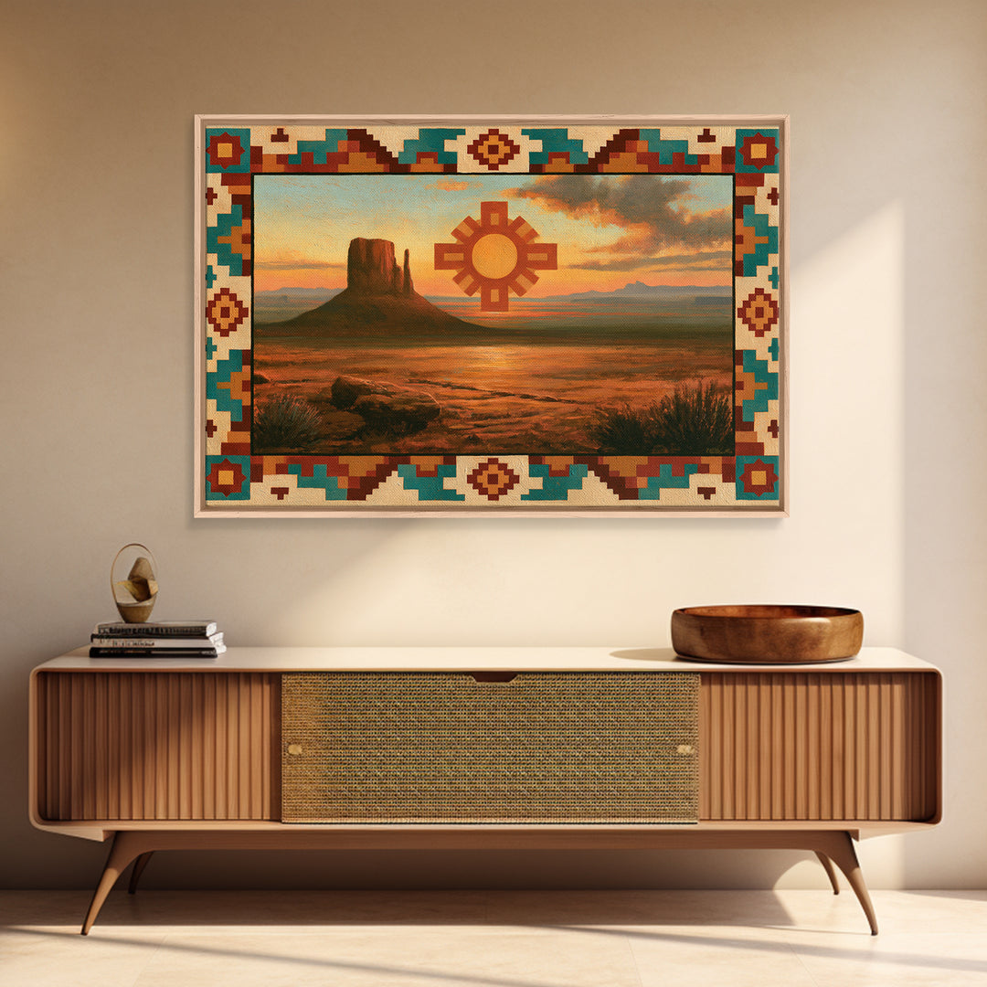 Sun Symbol with Geometric Southwest Border Framed Canvas Print, Southwestern Art, Western Home Decor, Southwestern Decor, Mesa, SOU-3x2-25