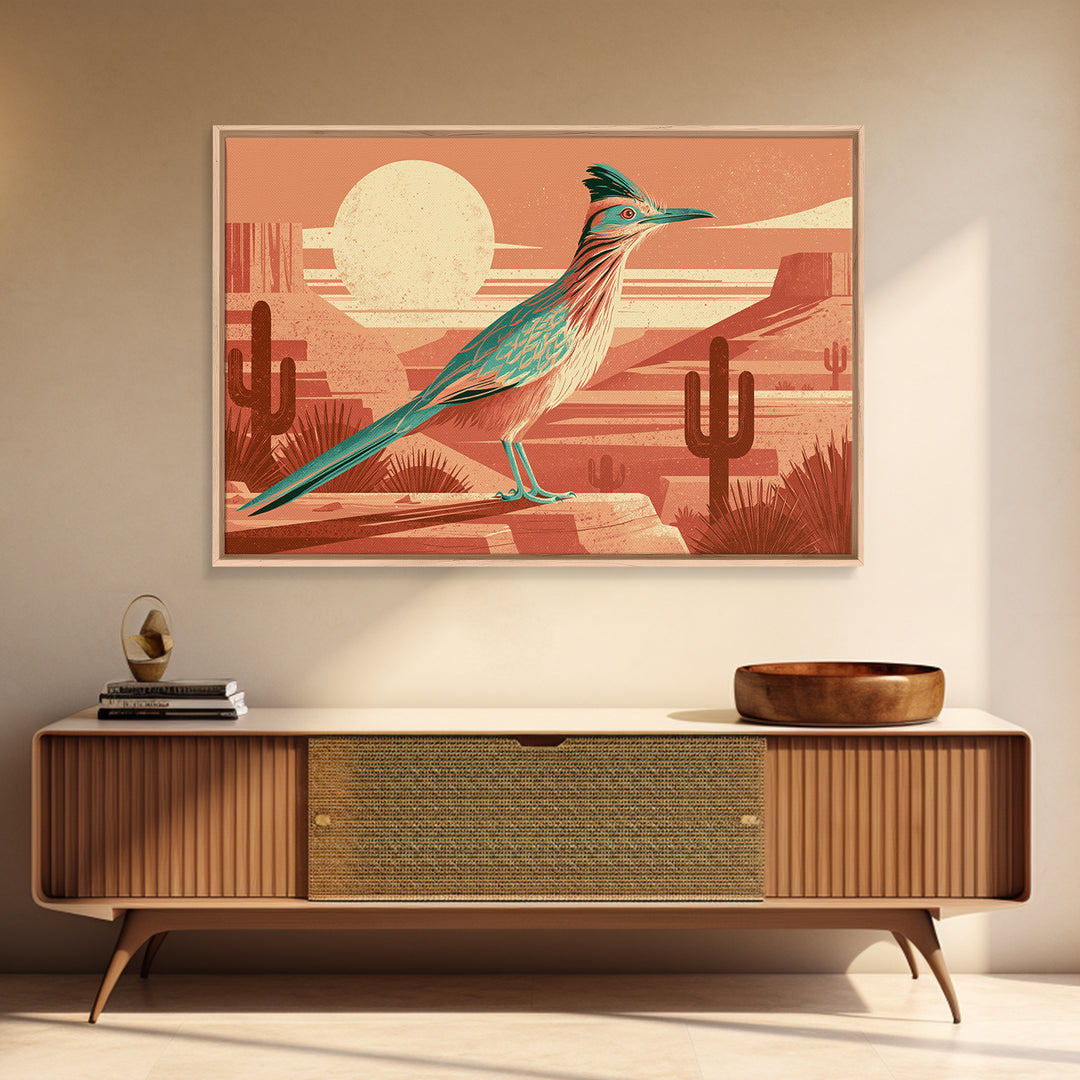 Roadrunner under a Pale Desert Moon Framed Canvas Print, Southwestern Art, Antique Oil Painting, Southwestern Decor, Mesa, SOU-3x2-36