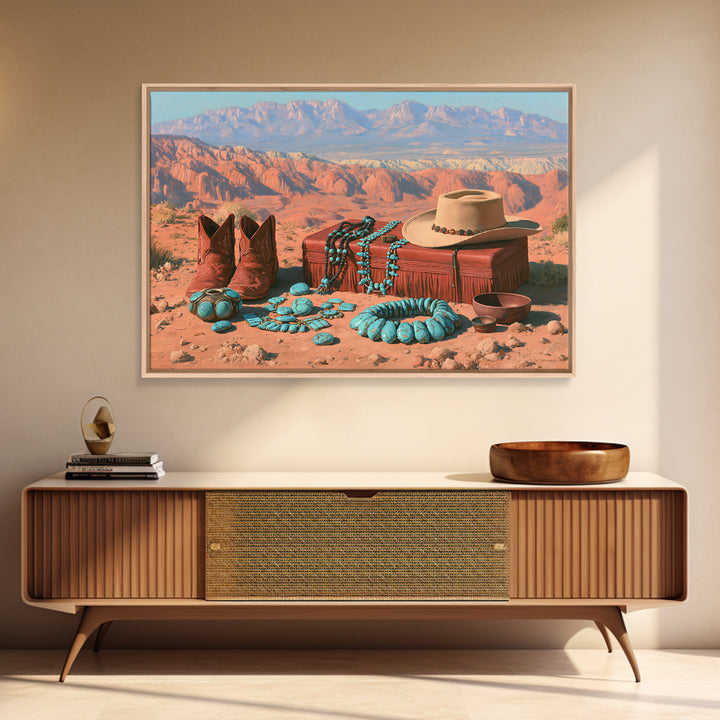 Turquoise Jewelry and Leather Still Life Framed Canvas Print, Southwestern Art, Landscape Art, Southwestern Decor, Mesa, SOU-3x2-63