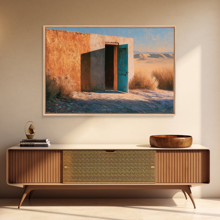 Adobe Doorway with Turquoise Blue Shadow Framed Canvas Print, Southwestern Art, Fine Art Print, Southwestern Decor, Mesa, SOU-3x2-81