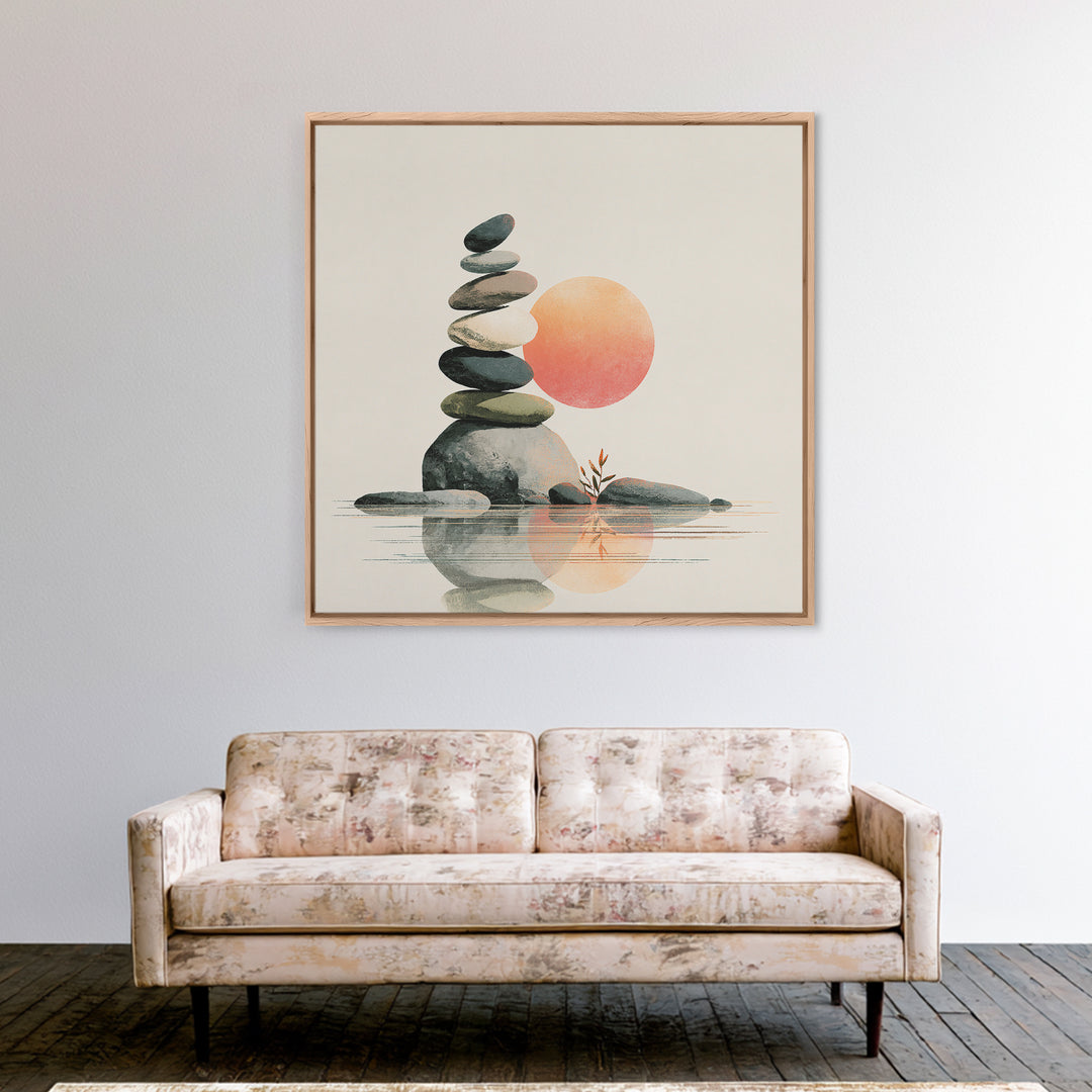 Stacked Stones Beside Calm Water Framed Canvas Print, Spa Art, Modern Decor, Spa Decor, Fine Art, Serenity, Wall Decor, SPA-1x1-1