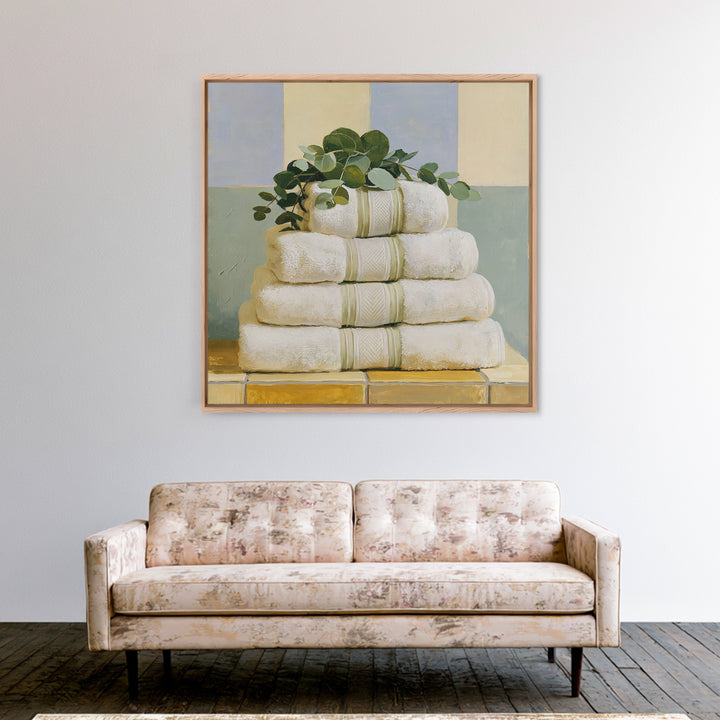 White Towels and Eucalyptus Without Room Context Framed Canvas Print, Spa Art, City Art, Spa Decor, Watercolor Art, Serenity, SPA-1x1-24