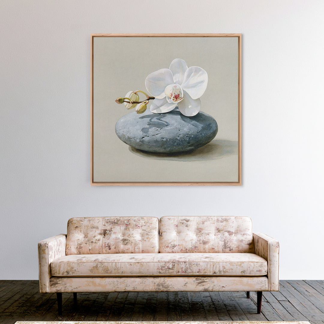 White Orchid on Smooth Gray Stone Canvas Print, Spa Art, Tarot Card Art, Spa Decor, Fine Art, Serenity, Textured Painting, SPA-1x1-26