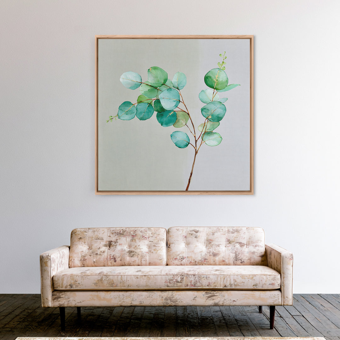 Eucalyptus Branch in Soft Green Watercolor Framed Canvas Print, Spa Art, Fine Art Photography, Spa Decor, Oil Painting, SPA-1x1-27