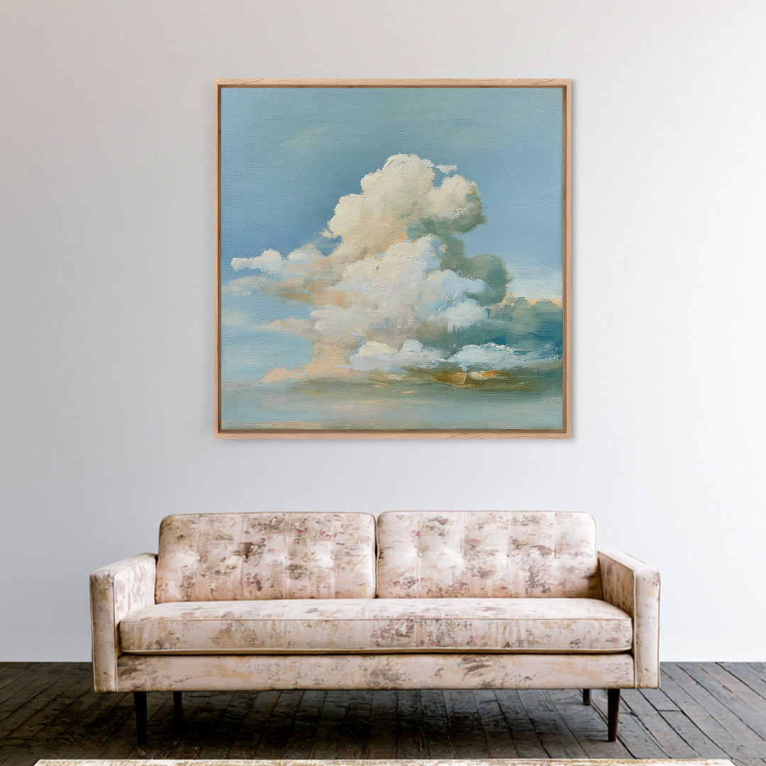 Soft Cloudscape in Cream and Sage Framed Canvas Print, Spa Art, Boho Decor, Spa Decor, Oil Painting, Serenity, Printable Art, SPA-1x1-37