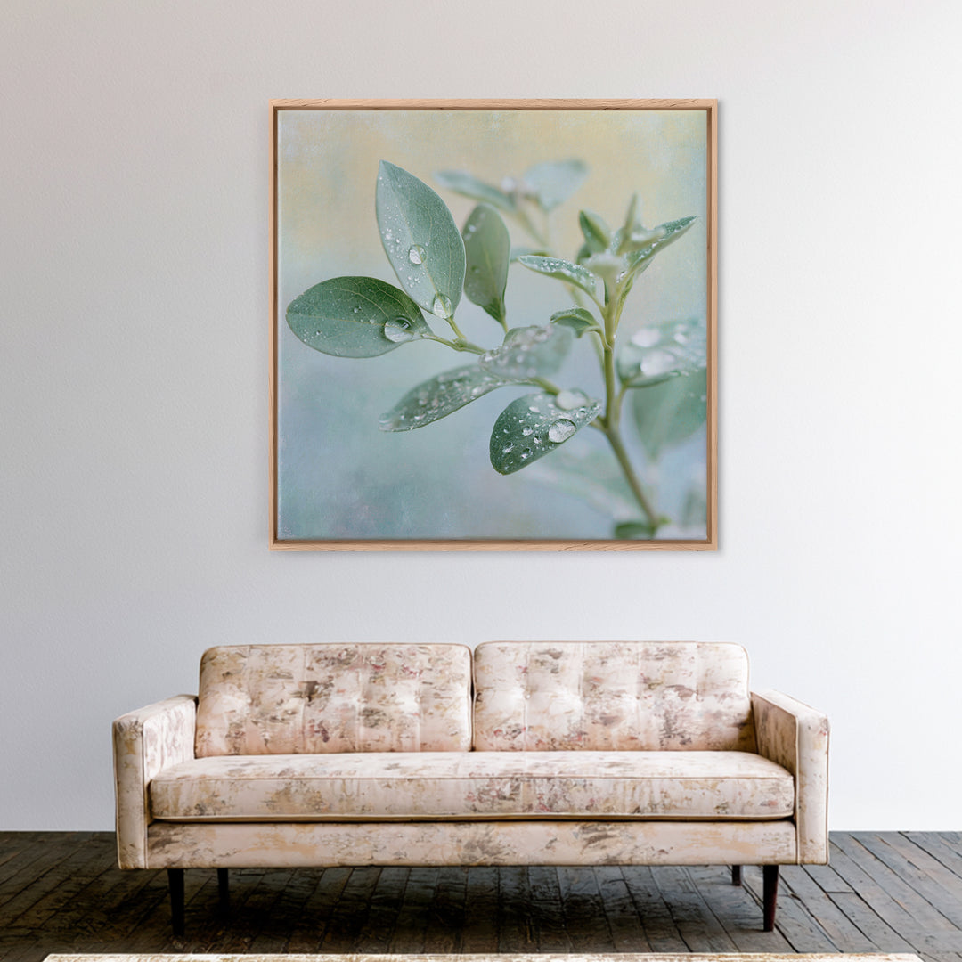 Rain on Leaves Framed Canvas Print, Spa Art, Art Print, Spa Decor, Serenity, Botanical Art, Nature Prints, Travel Poster, SPA-1x1-40