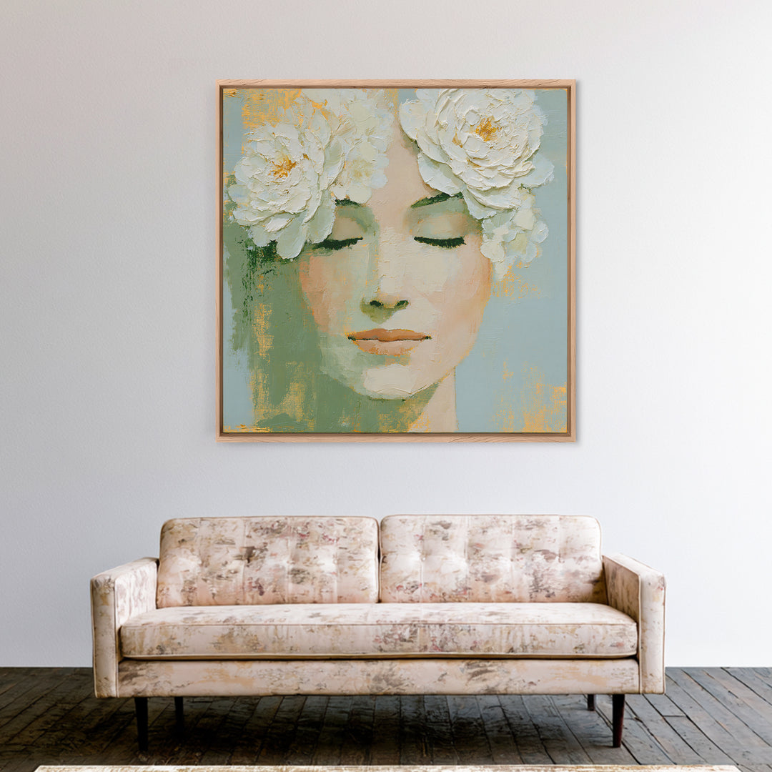 Minimal Face with Closed Eyes and Flowers Framed Canvas Print, Spa Art, Dog Groomer Gifts, Spa Decor, Fine Art, Serenity, SPA-1x1-43