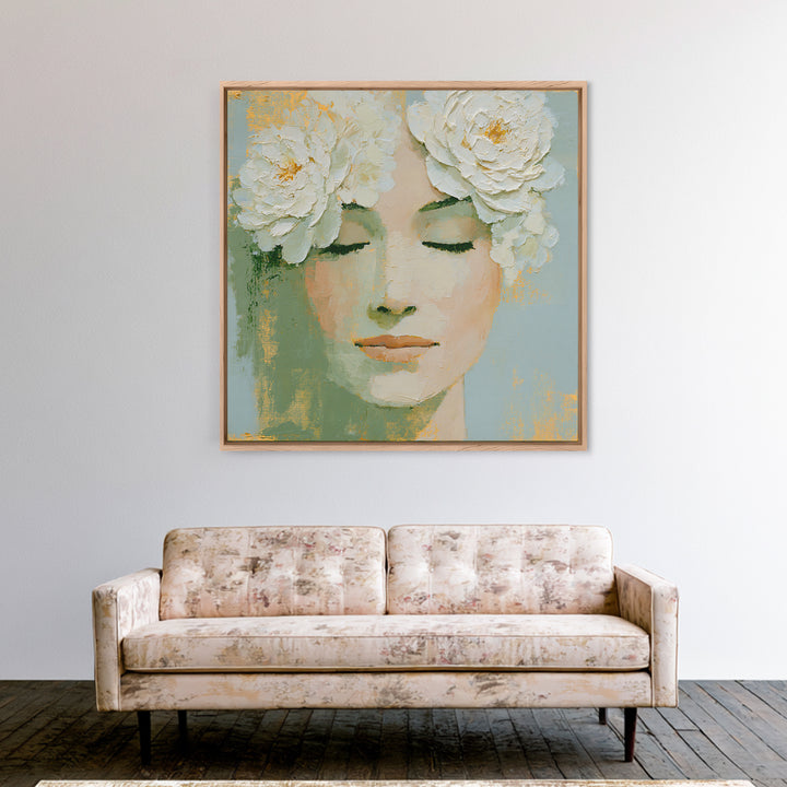 Minimal Face with Closed Eyes and Flowers Framed Canvas Print, Spa Art, Dog Groomer Gifts, Spa Decor, Fine Art, Serenity, SPA-1x1-43