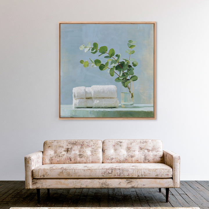 White Towels and Eucalyptus Without Room Context Framed Canvas Print, Spa Art, Wall Decor, Spa Decor, Fine Art, Serenity, SPA-1x1-48