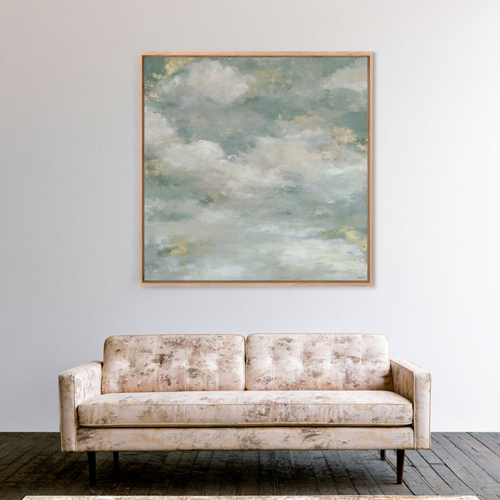 Soft Cloudscape in Cream and Sage Framed Canvas Print, Spa Art, Boho Decor, Spa Decor, Oil Painting, Serenity, Printable Art, SPA-1x1-61