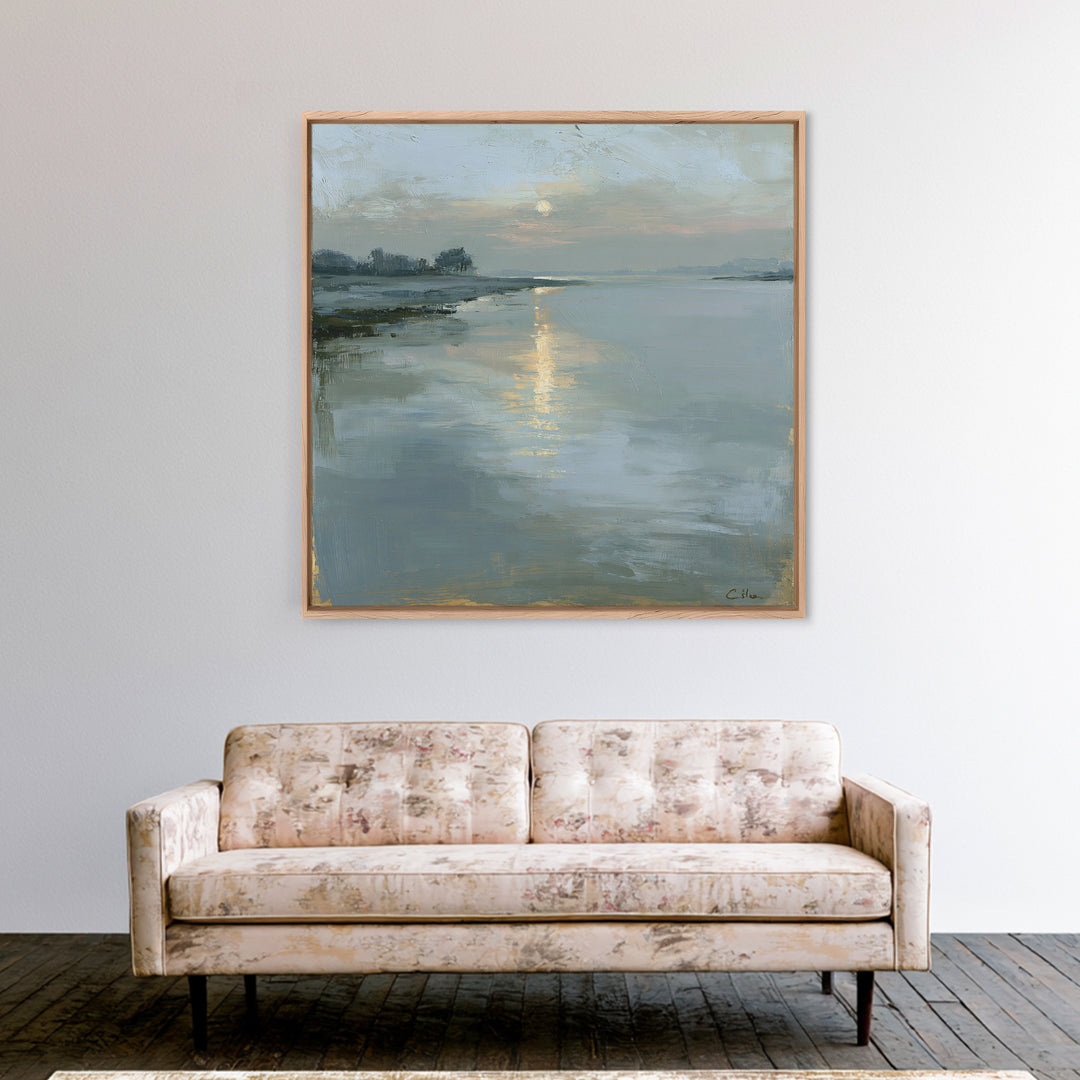 Moonlit Lake Reflection Framed Canvas Print, Spa Art, Tarot Card Art, Spa Decor, Fine Art, Serenity, Textured Painting, SPA-1x1-71