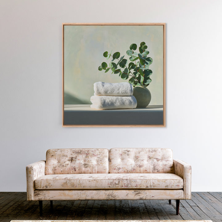 White Towels and Eucalyptus Without Room Context Framed Canvas Print, Spa Art, Wall Art Print, Spa Decor, Fine Art, Serenity, SPA-1x1-96
