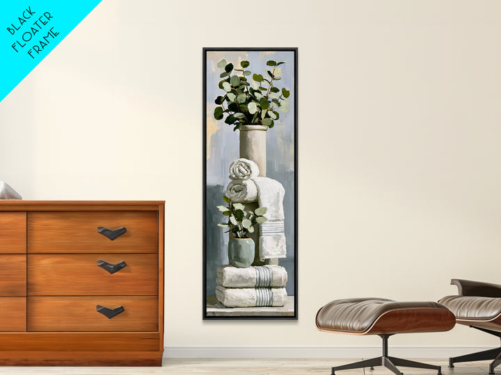 White Towels and Eucalyptus Without Room Context Framed Canvas Print, Spa Art, Wall Art Print, Spa Decor, Fine Art, Serenity, SPA-1x3-36