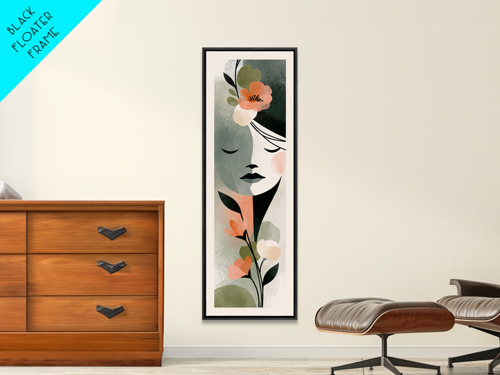 Minimal Face with Closed Eyes and Flowers Framed Canvas Print, Spa Art, Esthetician Decor, Spa Decor, Oil Painting, Serenity, SPA-1x3-79