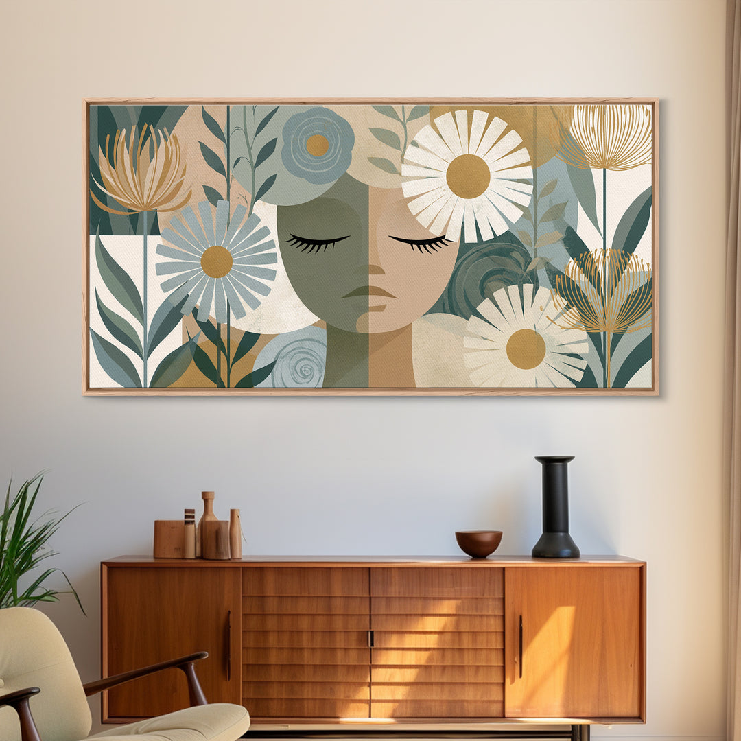 Minimal Face with Closed Eyes and Flowers Framed Canvas Print, Spa Art, Home Decor, Spa Decor, Fine Art, Serenity, Dog Wall Art, SPA-2x1-15