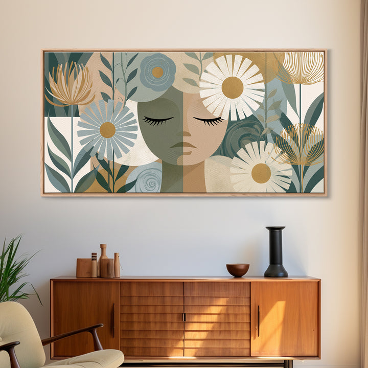 Minimal Face with Closed Eyes and Flowers Framed Canvas Print, Spa Art, Home Decor, Spa Decor, Fine Art, Serenity, Dog Wall Art, SPA-2x1-15