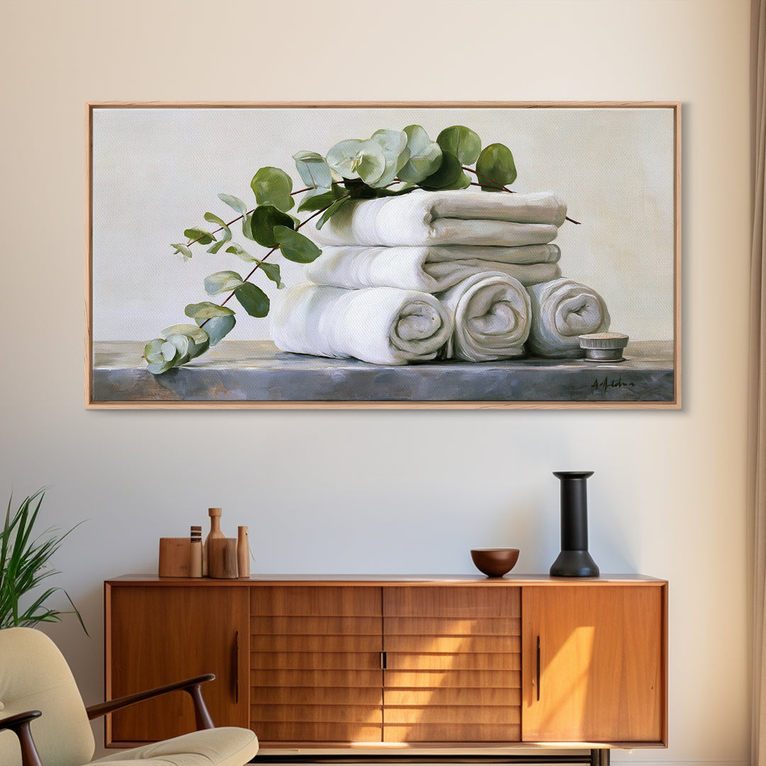 White Towels and Eucalyptus Without Room Context Framed Canvas Print, Spa Art, Statement Artwork, Spa Decor, Fine Art, Serenity, SPA-2x1-20