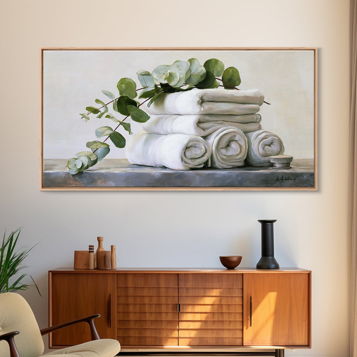 White Towels and Eucalyptus Without Room Context Framed Canvas Print, Spa Art, Statement Artwork, Spa Decor, Fine Art, Serenity, SPA-2x1-20