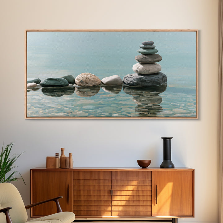 Stacked Stones Beside Calm Water Canvas Print, Spa Art, Black Woman Art, Spa Decor, Oil Painting, Serenity, Modern Home Decor, SPA-2x1-21