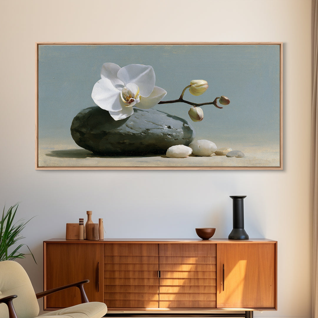 White Orchid on Smooth Gray Stone Canvas Print, Spa Art, Room Decor, Spa Decor, Serenity, Nature Prints, Travel Poster, SPA-2x1-22