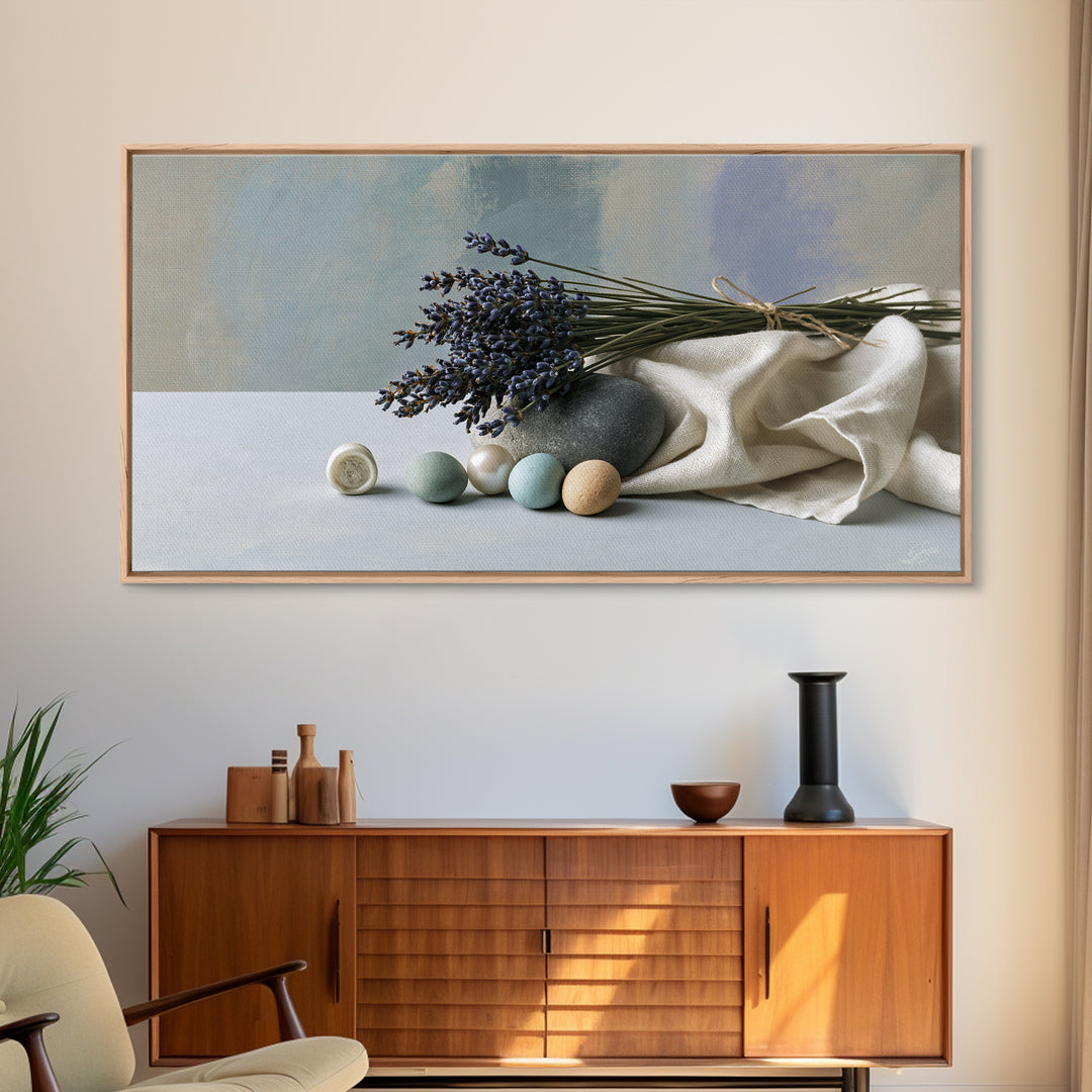 Lavender Bundle with Soft Shadow Framed Canvas Print, Spa Art, Boho Decor, Spa Decor, Oil Painting, Serenity, Printable Art, SPA-2x1-27