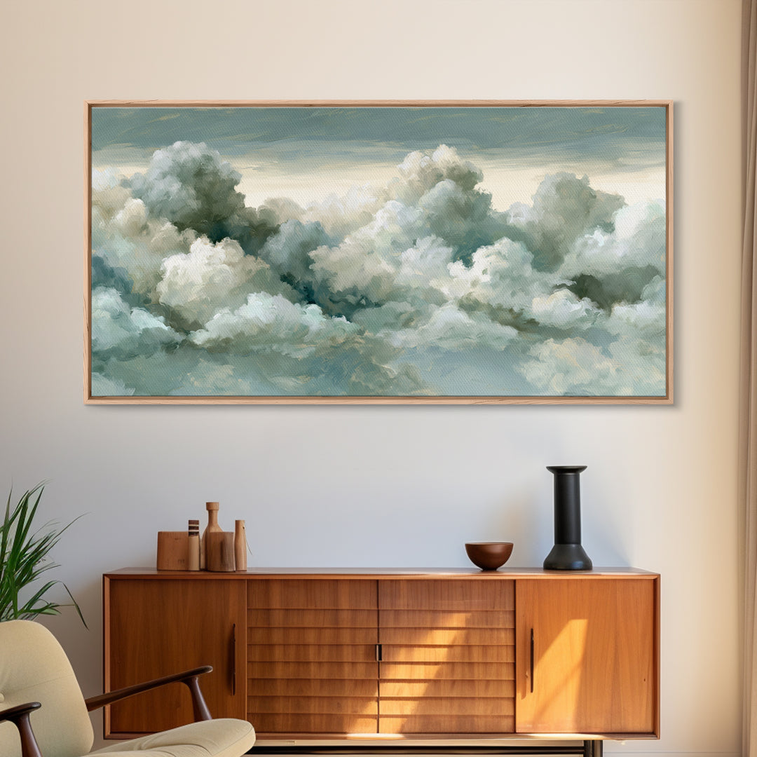 Soft Cloudscape in Cream and Sage Framed Canvas Print, Spa Art, Printable Wall Art, Spa Decor, Serenity, Feminine Wall Art, SPA-2x1-33