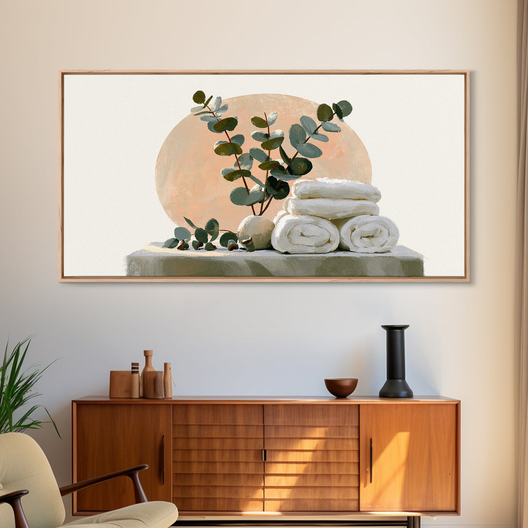 White Towels and Eucalyptus Without Room Context Canvas Print, Spa Art, Textured Painting, Spa Decor, Abstract Art, Serenity, SPA-2x1-44