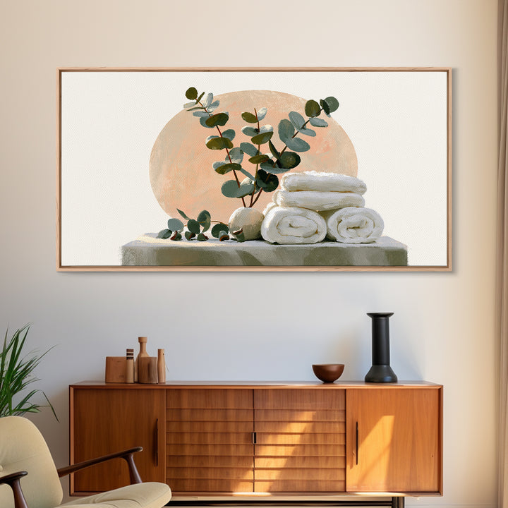 White Towels and Eucalyptus Without Room Context Canvas Print, Spa Art, Textured Painting, Spa Decor, Abstract Art, Serenity, SPA-2x1-44