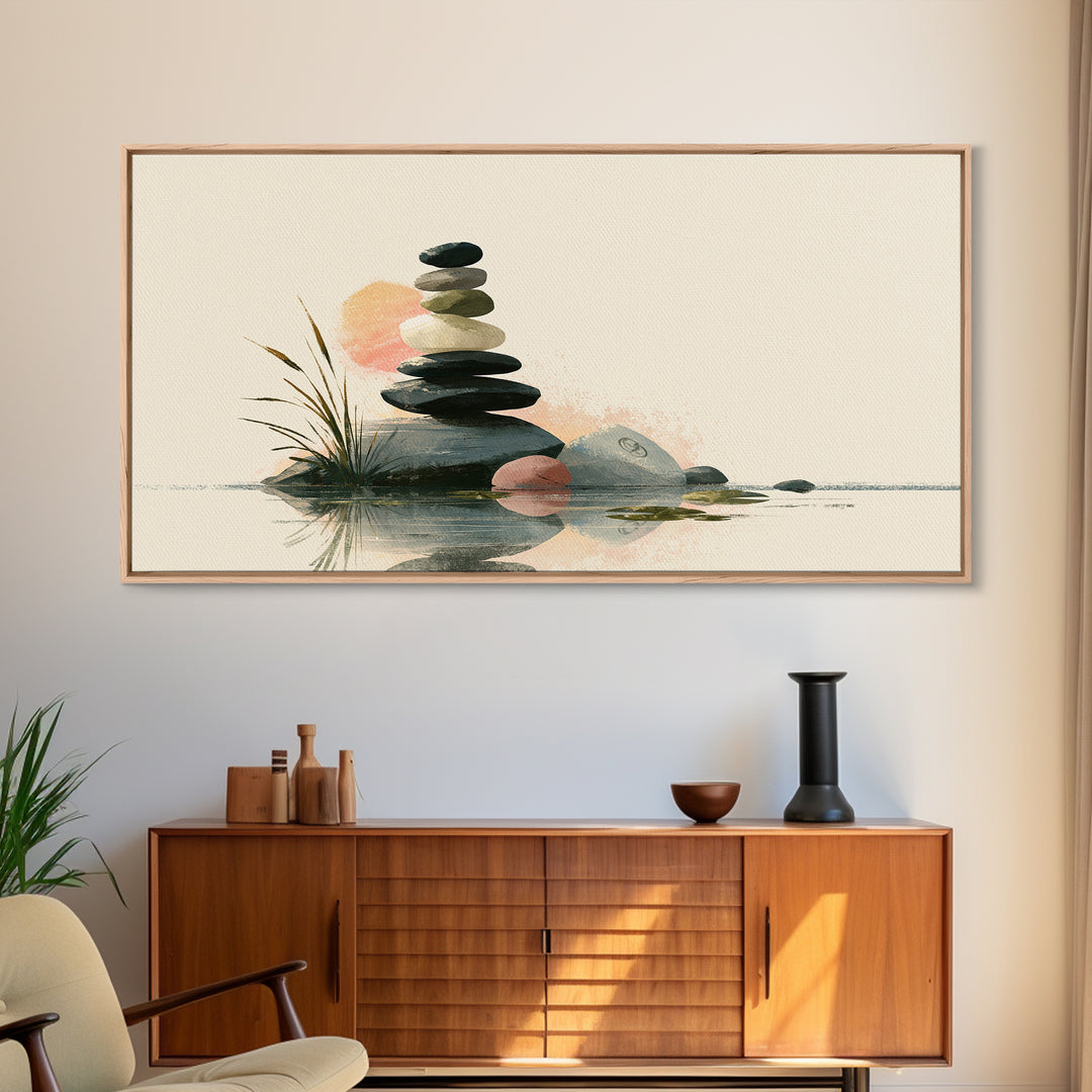 Stacked Stones Beside Calm Water Framed Canvas Print, Spa Art, Spa, Spa Decor, Fine Art, Serenity, Teen Girl Room Decor, SPA-2x1-45