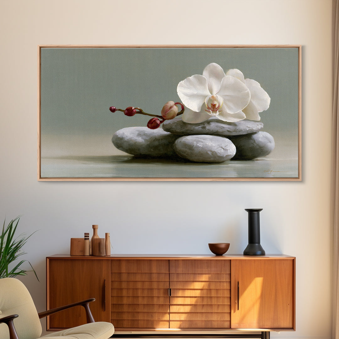 White Orchid on Smooth Gray Stone Framed Canvas Print, Spa Art, Art, Spa Decor, Serenity, Abstract Print, Minimalist Art, SPA-2x1-46