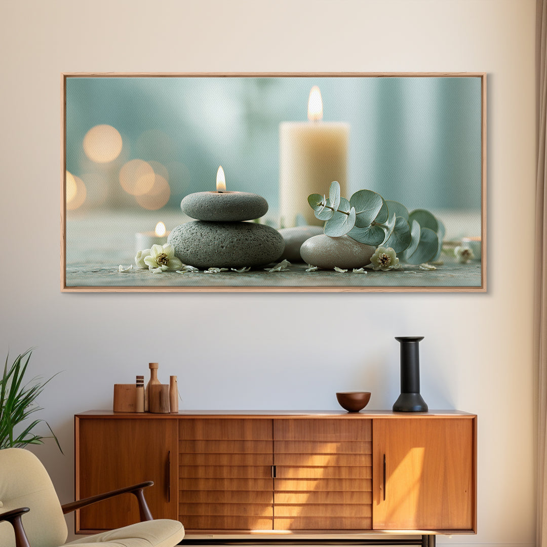 Warm Candle Flame Framed Canvas Print, Spa Art, Nature Prints, Spa Decor, Watercolor Art, Serenity, Dog Groomer Gifts, SPA-2x1-5