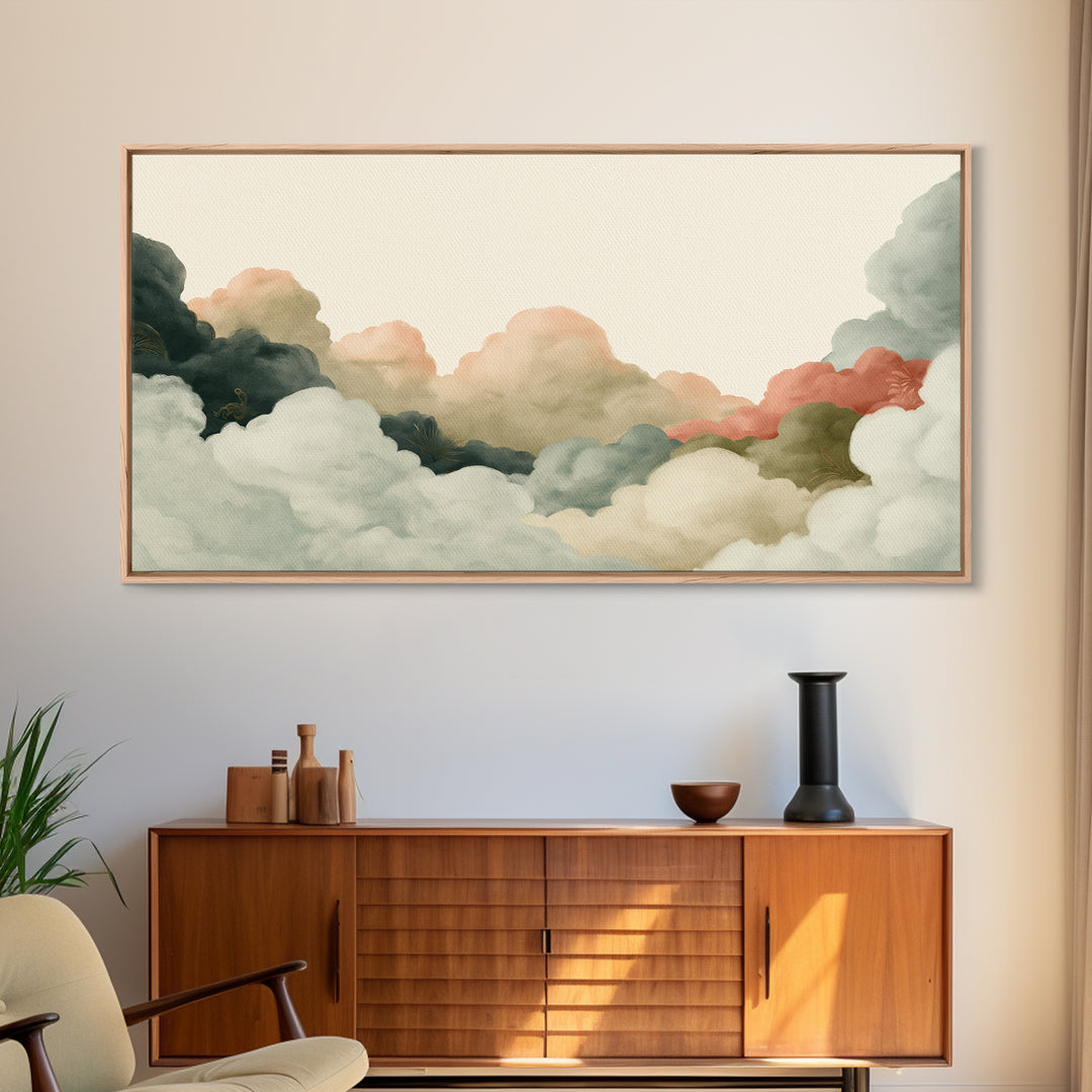 Soft Cloudscape in Cream and Sage Canvas Print, Spa Art, Travel Poster, Spa Decor, Fine Art, Serenity, Salon Decor, City Art, SPA-2x1-57
