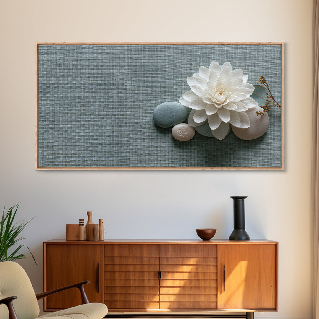 Single White Flower on Linen Ground Canvas Print, Spa Art, Abstract, Spa Decor, Fine Art, Serenity, City Art, Spa Wall Art, SPA-2x1-61
