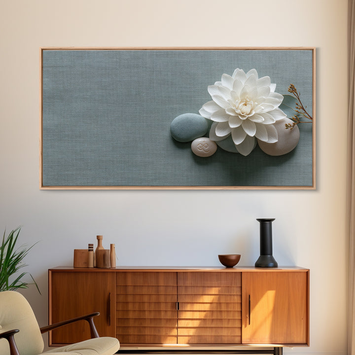 Single White Flower on Linen Ground Canvas Print, Spa Art, Abstract, Spa Decor, Fine Art, Serenity, City Art, Spa Wall Art, SPA-2x1-61