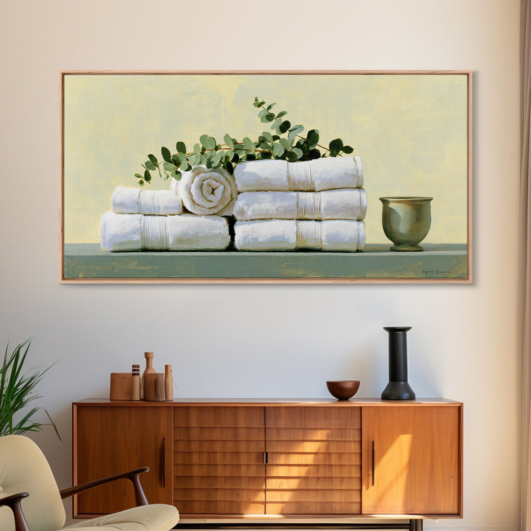White Towels and Eucalyptus Without Room Context Canvas Print, Spa Art, Nature Prints, Spa Decor, Watercolor Art, Serenity, SPA-2x1-68