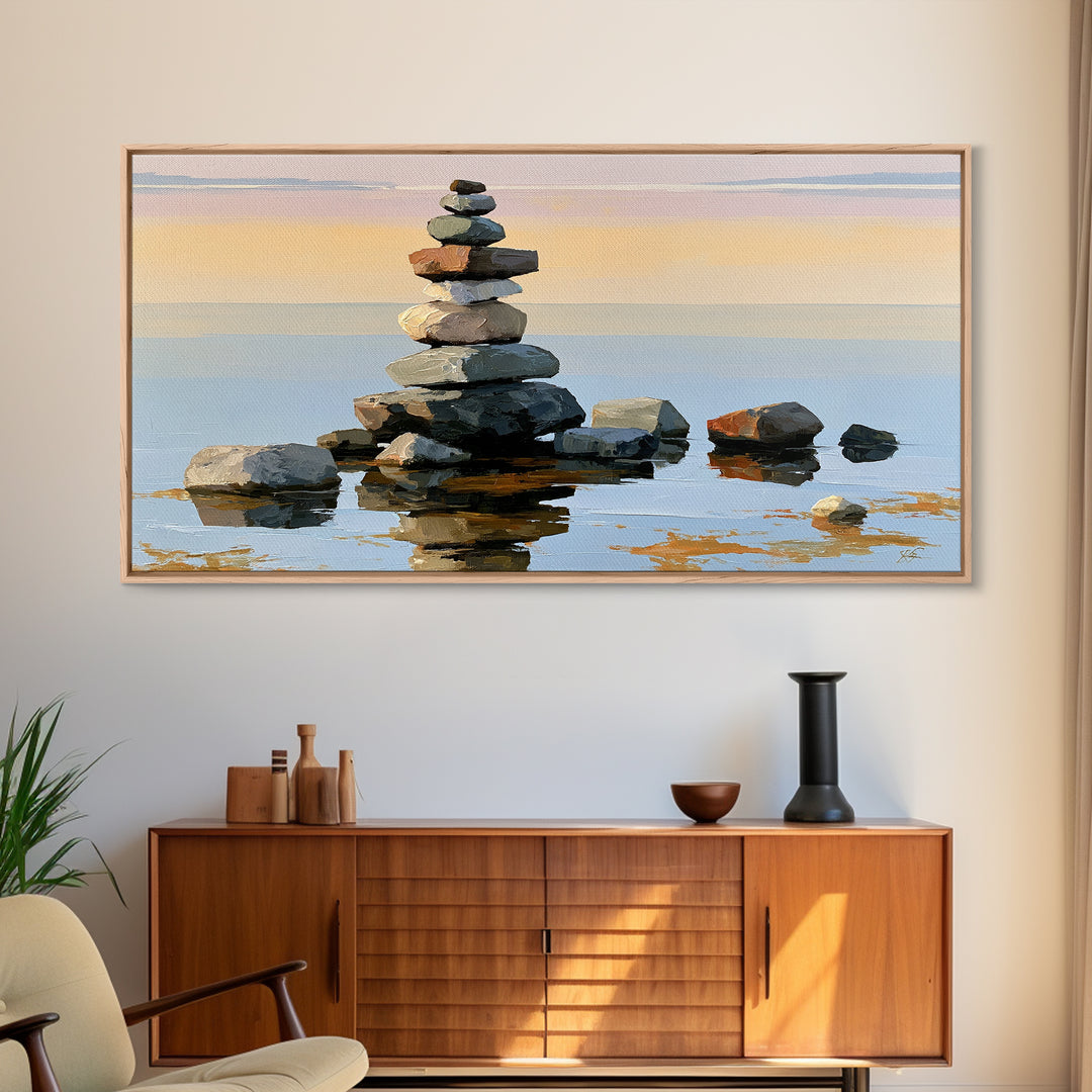Stacked Stones Beside Calm Water Canvas Print, Spa Art, Animal Art, Spa Decor, Fine Art, Serenity, Gallery Decor, Neutral Decor, SPA-2x1-69