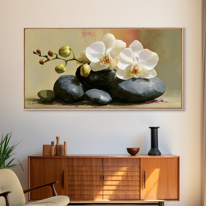 White Orchid on Smooth Gray Stone Canvas Print, Spa Art, Botanical Art, Spa Decor, Fine Art, Serenity, Fashion Wall Art, SPA-2x1-70